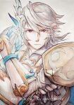  1boy armor armored_gloves cape closed_mouth english_text fire_emblem fire_emblem_fates fire_emblem_heroes gloves hair_between_eyes highres looking_at_viewer male_corrin_(fire_emblem) male_corrin_(hoshido_noble)_(fire_emblem) male_focus official_alternate_costume pointy_ears portrait red_eyes serious simple_background solo tohka_sd white_armor white_background white_gloves white_hair 