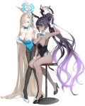 2girls animal_ears aqua_leotard armpits asuna_(blue_archive) asuna_(bunny)_(blue_archive) asymmetrical_bangs black_hair black_leotard blonde_hair blue_archive blue_bow blue_bowtie blue_eyes blue_halo blue_leotard bow bowtie breasts chair closed_mouth dark-skinned_female dark_skin detached_collar fake_animal_ears gloves hair_over_one_eye halo high_heels highleg highleg_leotard highres karin_(blue_archive) karin_(bunny)_(blue_archive) large_breasts leotard long_hair looking_at_viewer mole mole_on_breast multiple_girls official_alternate_costume pantyhose playboy_bunny ponytail purple_halo rabbit_ears rabbit_tail sitting smile strapless strapless_leotard tail thighband_pantyhose traditional_bowtie white_gloves yellow_eyes yonemoryu 
