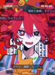  1girl ? alternate_costume collared_shirt drill_hair gloves hair_between_eyes hands_up hashtag-only_commentary hat help_(american_sign_language) highres kasane_teto kepi looking_at_viewer mesmerizer_(vocaloid) military_hat mismatched_pupils omumeshi open_mouth red_background red_eyes red_hat scared shirt solo star-shaped_pupils star_(symbol) striped_clothes striped_shirt suspenders sweatdrop symbol-shaped_pupils twin_drills upper_body utau white_background wing_collar yellow_gloves 