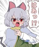  1girl ^^^ animal_ears blush capelet commentary_request emphasis_lines grey_hair hand_up jewelry long_sleeves mouse_ears mouse_tail nazrin open_mouth pendant red_eyes shiozaki16 shirt short_hair solo sweat tail touhou translated white_background white_shirt 