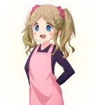  :d apron atu bangs black_shirt blue_eyes blush_stickers cowboy_shot empty_eyes eyebrows_visible_through_hair fang inuyama_akari light_brown_hair long_sleeves open_mouth parted_bangs pink_apron scrunchie shirt simple_background skin_fang smile thick_eyebrows twintails twitter_username tying_apron white_background yurucamp 