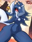 2025 absurd_res anthro areola armwear_only blue_body blue_lipstick blush bodily_fluids breasts cleft_of_venus digital_media_(artwork) evil_grin exhibitionism eye_glint female generation_6_pokemon genital_fluids genitals glowing glowing_eyes hair hair_over_eye hi_res innie_vulva lipstick looking_at_viewer lunaris_parukia makeup mega_absol mega_evolution mega_stone mostly_nude navel nintendo nipples outdoor_nudity outside pokemon pokemon_(species) pokemorph red_sclera smile solo tail thick_thighs vaginal_fluids vulva white_areola white_face white_nipples white_tail wide_hips yami_(lunaris_parukia)