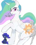 blue_body blue_eyes blue_fur blue_hair blue_tail bottomwear butt butt_grab clothing container cross-popping_vein cup cutie_mark dialogue ellipsis english_text equid equine female feral fingers friendship_is_magic fur green_hair green_tail group hair half-closed_eyes hand_on_butt hasbro hi_res hooves horn human larger_female larger_feral magnetstuff male mammal multicolored_hair multicolored_tail musical_note musical_symbol my_little_pony mythological_creature mythological_equine mythology narrowed_eyes pants pink_hair pink_tail princess_celestia_(mlp) princess_luna_(mlp) purple_eyes purple_hair purple_tail quadruped shirt sibling_(lore) sister_(lore) sisters_(lore) size_difference smaller_human smaller_male symbol tail talking_feral tank_top tea_cup teeth text topwear trio unicorn_horn white_body white_fur winged_unicorn wings
