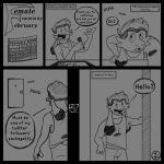 1:1 4_fingers anthro armpit_hair body_hair bottomwear bovid bulge calendar caprine cheek_tuft clothing comic date dialogue different_artstyle digital_drawing_(artwork) digital_media_(artwork) door doorway facial_tuft fingers goat greyscale hi_res long_ears male mammal monochrome muscular muscular_anthro muscular_male narration pen quiff_(hairstyle) recordradioblue shirt shorts sketch solo speech_bubble tablet topwear tuft watermark zandriel_(storytale)