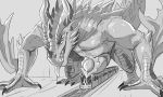 all_fours anthro cheek_spikes claws dragon erection facial_spikes finger_claws head_spikes hi_res horn imperatorcaesar macro male monochrome multi_eye mythological_creature mythological_scalie mythology open_mouth outside scalie solo spikes spikes_(anatomy) tongue tongue_out