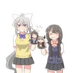  2girls :d arm_behind_back black_hair black_jacket black_skirt bow braid breasts cardigan_vest chibi closed_eyes collared_shirt grey_hair grey_skirt grin hair_between_eyes hair_over_shoulder hand_puppet higuchi_kaede higuchi_kaede_(1st_costume) higuchi_kaede_(3rd_costume) jacket long_hair low_twintails medium_breasts multiple_girls nijisanji notice_lines pink_bow pleated_skirt ponytail puppet purple_bow purple_eyes rebecca_(keinelove) school_uniform shirt simple_background skirt smile sweater_vest tsukino_mito tsukino_mito_(1st_costume) tsukino_mito_(summer_uniform) twin_braids twintails very_long_hair virtual_youtuber white_background white_shirt 