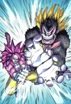  2boys alternate_form big_hair black_fur blue_background blue_boots boots commentary crossover donkey_kong donkey_kong_(series) donkey_kong_bananza dragon_ball dragon_ball_daima emphasis_lines english_commentary gorilla highres kamehameha_(dragon_ball) kartunicban kong_bananza monkey_boy monkey_tail multiple_boys necktie open_mouth orange_pants outstretched_arms pants red_fur red_hair red_necktie spiked_hair super_saiyan super_saiyan_4 tail teeth yellow_eyes 