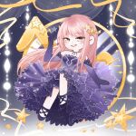  1girl achen_shi_mianbao_naodai bare_legs bare_shoulders chibi chinese_commentary commentary_request countdown_illustration curtains dot_nose dress elbow_gloves frilled_dress frills gloves gown gradient_background hair_ornament hand_up highres jewelry lace-trimmed_dress lace-trimmed_gloves lace_trim light_blush light_particles long_dress long_hair long_sidelocks looking_at_viewer necklace nikki_(nikki) nikki_(series) parted_lips pink_eyes pink_hair purple_background purple_dress purple_gloves purple_shoes second-party_source shining_nikki shoes sidelocks smile solo star_(symbol) star_hair_ornament star_necklace star_print star_sea_(nikki) starry_sky_print straight_hair strapless strapless_dress teeth tsurime very_long_hair 