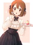  1girl :o alternate_hairstyle atu black_neckwear black_ribbon blue_eyes blush bow bowtie braid brown_hair crown_braid cupcake food frilled_shirt frills hair_between_eyes hair_ornament hair_ribbon hairclip high-waist_skirt highres hirasawa_yui holding holding_spoon holding_tray k-on! lolita_fashion long_sleeves open_mouth pinstripe_pattern pinstripe_skirt puffy_sleeves ribbon shirt short_hair skirt solo spoon striped tareme tray twitter_username upper_teeth white_shirt 