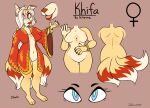 2018 3_tails 3_toes 5_fingers accessory anthro beads beastofeuthanasia black_eyebrows blue_eyes bottomless bottomless_anthro bottomless_female bracelet breasts brown_background canid canine character_name claws clothed clothing colored dated digital_media_(artwork) dipstick_tail ear_tuft english_description english_text eyebrows eyelashes facial_markings featureless_breasts featureless_crotch feet female female_anthro finger_claws fingers fluffy fluffy_tail fox_spirit fur gender_symbol gold_(metal) gold_bracelet gold_jewelry hair hair_accessory hair_beads head_markings hi_res jacket jewelry khifa_(sp00ksies) light lighting long_hair looking_at_viewer mammal markings medium_breasts model_sheet multi_tail multicolored_body multicolored_fur multicolored_tail navel orange_markings paws red_claws red_clothing red_jacket red_markings red_topwear shoulder_blades signature simple_background solo standing symbol tail tail_markings text three-quarter_view toes topwear tuft white_hair white_tail_tip yellow_body yellow_breasts yellow_fur yellow_tail