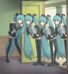  4girls aqua_eyes aqua_hair aqua_necktie artist_logo artist_name black_boots black_skirt black_sleeves boots clenched_hand clenched_hands clone closed_mouth collared_shirt commentary dated derivative_work detached_sleeves digiral doorway english_commentary grey_shirt hair_ornament hand_on_own_hip hatsune_miku headphones indoors leaning_forward leaning_to_the_side logo long_hair long_sleeves looking_to_the_side miniskirt multiple_girls necktie number_tattoo one_eye_closed open_door parody pleated_skirt pointing redrawn scene_reference shirt skirt sleeveless sleeveless_shirt standing tattoo thigh_boots tom_and_jerry twintails twitter_username v-shaped_eyebrows very_long_hair vocaloid watermark wavy_mouth wide_sleeves zettai_ryouiki 