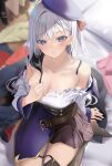 1girl belt beret black_thighhighs blurry blurry_background breasts cape cleavage closed_mouth cover cover_page from_above garter_straps grey_hair half-skirt hamu_(plot_sy) hat highres kono_cosplay_onee-san_wa_boku_senyou_rashii large_breasts light_blush long_hair miniskirt miyoshi_hiyori no_bra novel_cover off-shoulder_shirt off_shoulder official_art on_bed pillow pleated_skirt pov purple_eyes shirt single_thighhigh sitting skirt solo thighhighs unworn_cape unworn_clothes wariza wig wooden_floor 