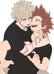  2boys absurdres arms_around_neck arms_up bakugou_katsuki biting biting_cheek black_shirt blonde_hair boku_no_hero_academia commentary_request crew_neck depisx grey_pants hair_between_eyes hand_on_another&#039;s_neck highres kirishima_eijiro looking_at_another male_focus multiple_boys multiple_scars open_mouth pants red_eyes red_hair sanpaku scar scar_on_arm scar_on_cheek scar_on_face sharp_teeth shirt short_hair short_sleeves simple_background spiked_hair t-shirt teeth upper_teeth_only white_background yaoi 