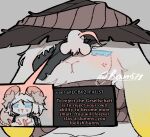  anger_vein animalization bandage_over_one_eye black_coat blue_eyes boun578 coat commentary dual_persona english_commentary english_text faust_(project_moon) hat limbus_company mouse_girl project_moon rabbit_girl rice_hat scarf twitter_username whiskers white_fur 