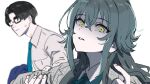  1boy 1girl beckoning black-framed_eyewear black_hair commentary_request fingernails gakuen_idolmaster glasses green_hair holding_another&#039;s_arm idolmaster kasasagi_(futagodori888) looking_at_viewer producer_(idolmaster) shaded_face shirt sweatdrop tsukimura_temari upper_body white_shirt 