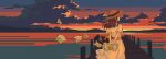  1girl absurdres arms_behind_back artdroiiid_ii belt brown_hair cloud cloudy_sky dress evening facing_away floating_hair from_behind gradient_sky hat highres holding holding_paper horizon ligne_claire long_hair ocean orange_sky original outdoors paper pier pink_sky ribbon scenery short_sleeves sky solo standing straw_hat sun_hat sunset water white_dress wind 