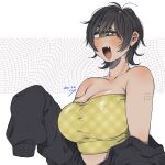  1girl :d antenna_hair bare_shoulders black_hair black_jacket blush breasts brown_eyes cleavage cyclops dated fang grey_eyes highres huge_breasts jacket long_sleeves looking_at_viewer messy_hair muroku_(aimichiyo0526) one-eyed open_mouth original short_hair shoulder_tattoo signature sleeves_past_fingers sleeves_past_wrists smile solo strapless tattoo tubetop upper_body 