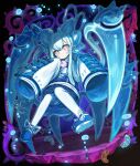  1girl bloomers blue_bloomers blue_bow blue_bowtie blue_dress blue_hair blue_shoes bow bowtie bright_pupils closed_mouth commentary dress full_body ketopon long_hair long_sleeves merc_storia pantyhose pink_eyes pitana_(merc_storia) ribbon shoes sleeves_past_fingers sleeves_past_wrists slime_(substance) slime_hair solo white_pantyhose white_pupils white_ribbon 