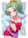  1girl absurdres blush breasts cleavage closed_mouth collarbone cowboy_shot dress earrings final_fantasy final_fantasy_vi green_hair highres jewelry looking_at_viewer ponytail purple_eyes red_dress short_dress small_breasts solo strapless strapless_dress terra_branford yua_666666 
