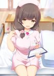  1girl :d absurdres argentum_2o bed blush breasts brown_eyes brown_hair clipboard curtains dress hair_ornament hat highres holding indoors large_breasts long_hair looking_at_viewer nurse nurse_cap ongeki open_mouth sakurai_haruna_(ongeki) sitting smile solo twintails 