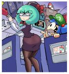  2girls aircraft airplane ass bag ball blue_hair bowling_ball box brown_pantyhose brown_skirt front_ponytail gap_(touhou) green_eyes green_hair green_hat hair_bobbles hair_ornament hair_ribbon hat highres kagiyama_hina kawashiro_nitori kevin_arthur mimi-chan multiple_girls newsboy_cap open_mouth pac-man_(game) pants pants_under_skirt pantyhose ribbon saigyouji_yuyuko serious shanghai_doll skirt sticker tongue tongue_out touhou travel_attendant 
