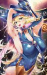  1girl arm_up armpits bare_shoulders blonde_hair blue_hat blue_leotard blush breasts cleavage dark_magician_girl detached_sleeves duel_monster green_eyes hat highres jewelry large_breasts leotard long_hair looking_at_viewer looking_back off_shoulder open_mouth pink_skirt sasakuma_kyouta skirt smile solo wand wizard_hat yu-gi-oh! 