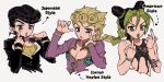  1girl 2boys aqua_eyes bare_shoulders black_hair black_tank_top blonde_hair braid breasts bug clothing_cutout diamond_wa_kudakenai double_bun earrings fu_r_y gakuran giorno_giovanna green_eyes green_hair hair_bun higashikata_josuke highres jewelry jojo_no_kimyou_na_bouken kujo_jolyne ladybug ladybug_ornament long_hair middle_finger multicolored_hair multiple_boys open_mouth pompadour school_uniform short_hair small_breasts stone_ocean stud_earrings tank_top two-tone_hair vento_aureo victory_rolls white_background 
