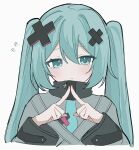  1girl aqua_eyes aqua_hair aqua_nails batsu_miku blush closed_mouth commentary cropped_torso dot_nose duplicate grey_jacket hair_between_eyes hair_ornament hands_up hatsune_miku high_collar highres index_fingers_together jacket kowareta_sekai_to_utaenai_miku long_hair long_sleeves looking_at_viewer necktie pixel-perfect_duplicate project_sekai sad sidelocks simple_background solo symbol-only_commentary tearing_up twintails upper_body very_long_hair vocaloid white_background wide_sleeves x_hair_ornament yukia_1128 