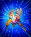  2boys blue_background blue_boots boots dougi dragon_ball dragon_ball_super dragon_ball_super_super_hero father-son_kamehameha father_and_son full_body gohan_beast grey_eyes grey_hair kamehameha_(dragon_ball) long_hair male_focus medium_hair motion_lines multiple_boys official_art orange_pants pants purple_pants purple_shirt red_eyes red_sash sash shirt simple_background speed_lines topless_male toyotarou ultra_instinct 