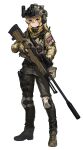  1girl absurdres accuracy_international ai_arctic_warfare ammunition_pouch bipod blonde_hair blue_eyes bolt_action boots brown_boots brown_gloves brown_pants bt_(user_udwc7853) buckle camouflage camouflage_jacket closed_mouth combat_helmet ear_protection english_commentary fang flag_patch flashlight full_body gloves gun headset helmet highres holding holding_gun holding_weapon holster jacket knee_pads load_bearing_equipment long_sleeves magazine_(weapon) mask medium_hair military military_combat_uniform military_uniform night_vision_device original pants pouch rifle scope simple_background snap-fit_buckle sniper_rifle solo standing suppressor thigh_holster trigger_discipline union_jack unworn_mask weapon white_background 