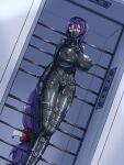  1girl arms_at_sides belt_buckle black_bodysuit bodysuit bondage_mittens bound bound_arms bound_legs breasts buckle corset covered_nipples ear_protection fate/grand_order fate_(series) gag gagged harness highres huge_breasts immobilization impossible_bodysuit impossible_clothes latex latex_bodysuit legbinder long_hair low-tied_long_hair minamoto_no_raikou_(fate) plug_gag posture_collar purple_eyes purple_hair sachisuki_gyoko shiny_clothes solo very_long_hair 