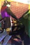 alley animal_genitalia animal_penis anthro anthro_on_anthro anthro_penetrated anthro_penetrating anthro_penetrating_anthro balls big_penis black_body black_fur bodily_fluids bottomwear bottomwear_down butt butt_grab canid canine canine_genitalia canine_penis canis clothed clothing domestic_dog duo erection eyes_closed fellatio fur genital_fluids genitals hand_on_butt heart_symbol hi_res jacket knot leather leather_clothing leather_jacket leather_topwear male male/male male_penetrated male_penetrating male_penetrating_male mammal muscular muscular_anthro muscular_male open_clothing open_jacket open_topwear oral outside pants pants_down partially_clothed penetration penile penis precum red_penis sex shirt sinningfox tank_top tongue tongue_out topwear