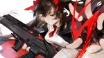  1girl anniversary assault_rifle breasts brown_hair commentary_request fingerless_gloves girls_frontline gloves gun hair_ribbon highres holding holding_gun holding_weapon long_hair looking_at_viewer necktie qbz-97 qbz-97_(girls_frontline) red_eyes red_neckwear ribbon rifle shuaigegentou smile solo thighhighs trigger_discipline twintails weapon white_background white_legwear 