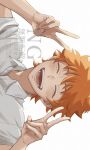  1boy bishounen blush closed_eyes collared_shirt commentary_request double_v haikyuu!! happy highres hinata_shouyou male_focus open_mouth orange_hair saku_tasaku shirt short_hair sideways simple_background smile solo teeth tongue v white_background white_shirt 