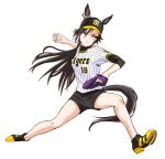  1girl absurdres air_shakur_(umamusume) animal_ears ball baseball baseball_(object) baseball_cap baseball_mitt black_hair black_hat black_shoes black_shorts black_undershirt eyebrow_piercing face_piercing full_body hand_up hanshin_tigers hat highres holding holding_ball horse_ears horse_girl horse_tail long_hair looking_ahead multicolored_shoes no_socks piercing pitching shirt shirt_under_shirt shoelaces shoes short_sleeves shorts simple_background solo sportswear spread_legs striped_clothes striped_shirt tail tori_no_teriyaki tsurime turtleneck two-tone_shoes umamusume v-shaped_eyebrows vertical-striped_clothes vertical-striped_shirt white_background white_shirt yellow_eyes yellow_shoes 