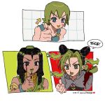  3girls alligator aqua_eyes aqua_overalls black_hair black_tank_top blood blood_from_eyes blood_on_clothes blood_on_hands braid brown_cloak brown_eyes brown_hair bun_with_braided_base cloak cone_hair_bun crocodilian dark-skinned_female dark_skin double_bun dreadlocks english_text ermes_costello facial_mark foo_fighters_(jojo) forehead_tattoo fu_r_y green_eyes green_hair green_lips green_vest grid_background hair_bun highres jojo_no_kimyou_na_bouken kujo_jolyne medium_hair multicolored_hair multiple_girls nosebleed overalls red_background short_hair smile speech_bubble sticker stone_ocean sweatdrop sweater tank_top thumbs_up two-tone_hair vest yellow_background yellow_lips yellow_sweater 