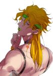 1boy back birthmark blonde_hair bracelet dio_brando ear_birthmark earrings gold_bracelet green_lips hair_between_eyes headband highres jewelry joestar_birthmark jojo_no_kimyou_na_bouken lighthouse_(lt_yummy) long_hair looking_at_viewer male_focus muscular muscular_male red_eyes scar scar_on_neck sketch solo stardust_crusaders stitched_neck stitches white_background 