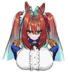  1girl acaa animal_ears breasts brown_hair closed_mouth commentary_request daiwa_scarlet_(umamusume) epaulettes highres horse_ears horse_girl large_breasts long_hair looking_at_viewer red_eyes simple_background solo tiara twintails umamusume upper_body white_background 