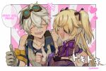  1boy 1girl bandaid bandaid_on_face bare_shoulders bennett_(genshin_impact) blonde_hair blush bow closed_eyes commission embarrassed english_text fischl_(genshin_impact) fishnets genshin_impact gloves goggles goggles_on_head hair_ribbon happy open_mouth purple_bow ribbon shirt sleeveless sleeveless_shirt smile sweat sweatdrop thumbs_up twintails yeyou-submarine 