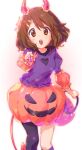  1girl :o atu bangs blue_eyes blush brown_hair bubble_skirt candy cowboy_shot fake_horns fake_tail food hair_ornament hairclip halloween halloween_bucket highres hirasawa_yui holding holding_candy holding_food horns juliet_sleeves k-on! long_sleeves open_mouth orange_skirt puffy_sleeves pumpkin_skirt purple_skirt short_hair simple_background skirt solo swept_bangs tail tareme twitter_username upper_teeth white_background 