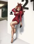  1girl android_21 artist_logo bag big_hair blue_eyes bra breasts brown_hair cleavage cleavage_cutout clothing_cutout covered_navel dragon_ball dragon_ball_fighterz dragon_ball_super dress earrings glasses handbag high_heels highres hoop_earrings jewelry large_breasts linkartoon logo long_hair looking_at_viewer medium_breasts red_dress simple_background solo strappy_heels thick_thighs thighs underwear 