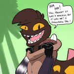 brown_body brown_fur clothing costume dialogue fur generation_2_pokemon girafarig green_background hi_res hood_down nintendo nonbinary_(lore) orange_sclera pokemon pokemon_(series) pokemon_(species) shadow_hand sharp_teeth simple_background smile smiling_at_viewer speech_bubble spikes spikes_(anatomy) talking_to_viewer teeth tongue trevor-fox trevor-fox_(character)