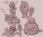 2025 4_fingers annoyed anthro arms_bent black_eyebrows black_eyes boo_(mario) bottomwear bow_tie brown_bottomwear brown_bow_tie brown_clothing brown_facial_hair brown_jacket brown_mustache brown_overalls brown_pants brown_shirt brown_tail brown_top_hat brown_topwear brown_yoshi button_(fastener) clothed clothed_anthro clothed_humanoid clothed_male clothing container cup dialogue digital_drawing_(artwork) digital_media_(artwork) eating_ice_cream english_description eyebrows eyes_closed eyewear facial_hair fangs fingers flat_colors food frown fully_clothed fully_clothed_male furrowed_brow furrowed_eyebrows ghost grey_background group holding_container holding_cup holding_food holding_ice_cream_cone holding_oar holding_object holding_tea_cup human humanoid ice_cream_cone italian_text jacket kart king_boo looking_at_another looking_back looking_back_at_another luigi luigi&#039;s_mansion male male_humanoid mammal mario_bros mario_kart mario_kart_world monocle mustache nintendo oar open_frown open_mouth open_smile overalls pants randomrabbidramblings shirt simple_background sketch_page smile spirit standing standing_on_kart tail taunting tea_cup teeth text thin_eyebrows tongue tongue_out topwear vehicle waluigi yelling yoshi