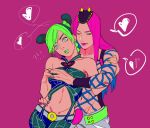  !? 1boy 1girl black_pants braid bun_with_braided_base double_bun drawn_heart fishnet_top fishnets green_eyes green_hair green_lips green_nails hair_bun hand_on_another&#039;s_arm hand_on_another&#039;s_chest hand_on_another&#039;s_waist hat heart hetero horned_hat jojo_no_kimyou_na_bouken kujo_jolyne lighthouse_(lt_yummy) lipstick long_hair makeup midriff multicolored_hair narciso_anasui navel pants pink_background pink_hair pink_nails spider_web_print spoken_heart stone_ocean two-tone_hair 