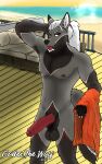 anthro armpit_hair balls beach bedroom_eyes big_penis black_body black_fur bodily_fluids body_hair canid canine casual_nudity claws codex_the_wolf facial_hair foreskin fox fur genitals goatee grey_body grey_fur hair hand_behind_head hi_res humanoid_genitalia jace_ehnon light long_hair looking_at_viewer male mammal markings narrowed_eyes nipples nude_beach orange_towel penis pinup pose red_eyes red_markings red_nipples red_penis saggy_balls seductive solo sunlight sweat sweaty_balls sweaty_genitalia sweaty_penis teeth tied_hair tongue tongue_out towel water white_claws white_facial_hair white_goatee white_hair