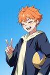  1boy ^_^ arm_up ball black_jacket blue_background blush closed_eyes double-parted_bangs haikyuu!! hair_between_eyes highres hinata_shouyou holding holding_ball hood hood_down hoodie jacket layered_sleeves long_sleeves male_focus nyuryunuru open_clothes open_jacket open_mouth orange_hair short_hair simple_background smile solo teeth tongue upper_body upper_teeth_only v volleyball_(object) white_hoodie 