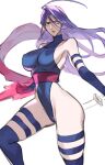  1girl arm_blade bare_shoulders blue_leotard breasts covered_nipples cowboy_shot energy_sword highleg highleg_leotard highres large_breasts leotard long_hair marvel psylocke purple_eyes purple_hair simple_background sketch solo sword ukimukai weapon white_background x-men 
