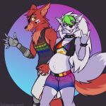 1:1 anthro belly belt big_belly black_nose blue_body blue_fur bottomwear bracelet breasts canid canine canis clothed clothed_anthro clothed_female clothed_male clothing collar colored_nails dansharkman devil_horns_(gesture) duo eye_patch eyewear facial_tattoo fangs female five_nights_at_freddy&#039;s five_nights_at_freddy&#039;s:_security_breach fox foxy_(fnaf) fur gesture green_highlights grey_hair hair hand_gesture hand_holding hi_res highlights_(coloring) jewelry lgbt_pride lgbt_pride_month male male/female mammal nails pregnant pregnant_anthro pregnant_female pride_colors prosthetic prosthetic_arm prosthetic_limb rainbow_pride_colors red_body red_fur roxanne_wolf scottgames shirt shorts spiked_bracelet spiked_collar spikes steel_wool_studios tail tank_top tattoo teeth topwear wolf