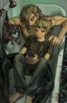  2boys absurdres baggy_pants barefoot bathroom bathtub black_nails black_pants black_shirt blood blood_splatter braid cellphone closed_eyes commentary commentary_request dio_brando father_and_son giorno_giovanna green_eyes green_theme highres holding holding_phone in_bathtub jewangchobab jojo_no_kimyou_na_bouken long_hair looking_at_phone male_focus multiple_boys pants phone shirt smartphone stardust_crusaders topless_male vento_aureo victory_rolls wet wet_hair 
