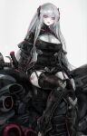  1girl :p absurdres beak_(girls_frontline) breasts girls_frontline ground_vehicle highres large_breasts long_hair motor_vehicle motorcycle nslacka pink_eyes sangvis_ferri silver_hair solo tongue tongue_out twintails very_long_hair 